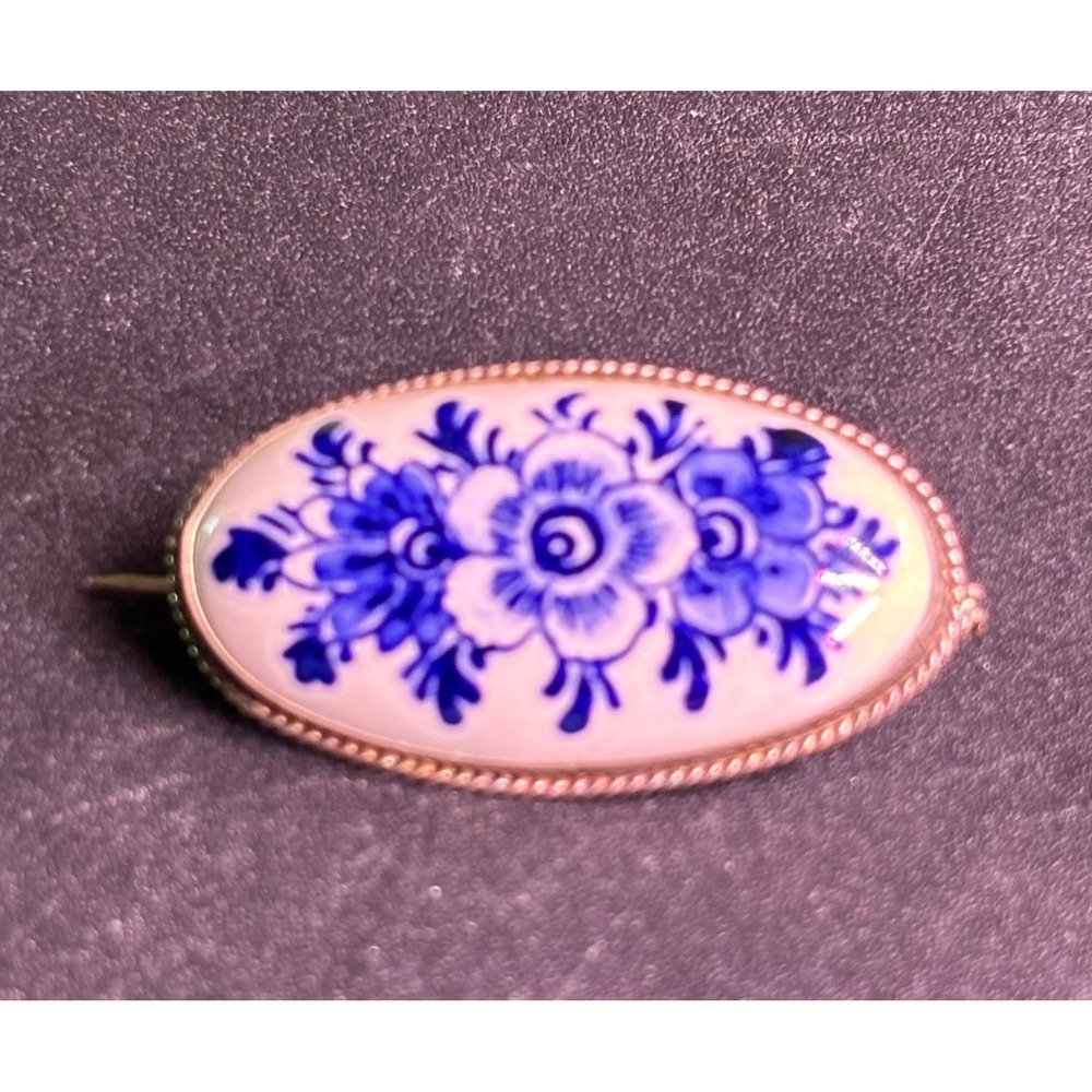 VTG Delfts Holland Silver Hand Painted Blue Floral Porcelain Brooch Oval SS2 - Picture 5 of 9